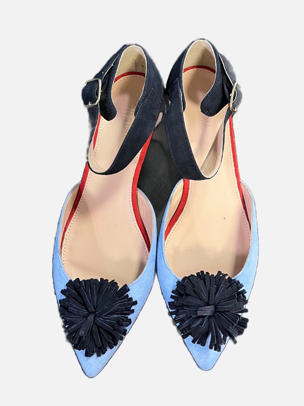 J.Crew Pointed Toe Suede Flats Pom Pom Colorblock Ankle Strap Size 7.5